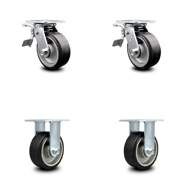 5 Inch Rubber on Aluminum Caster Set with Ball Bearings 2 Brakes 2 Rigid SCC